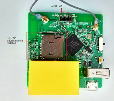 GL-MT300A PCB showing serial port and microSD daughterboard GL-MT300A PCB showing serial port and microSD daughterboard